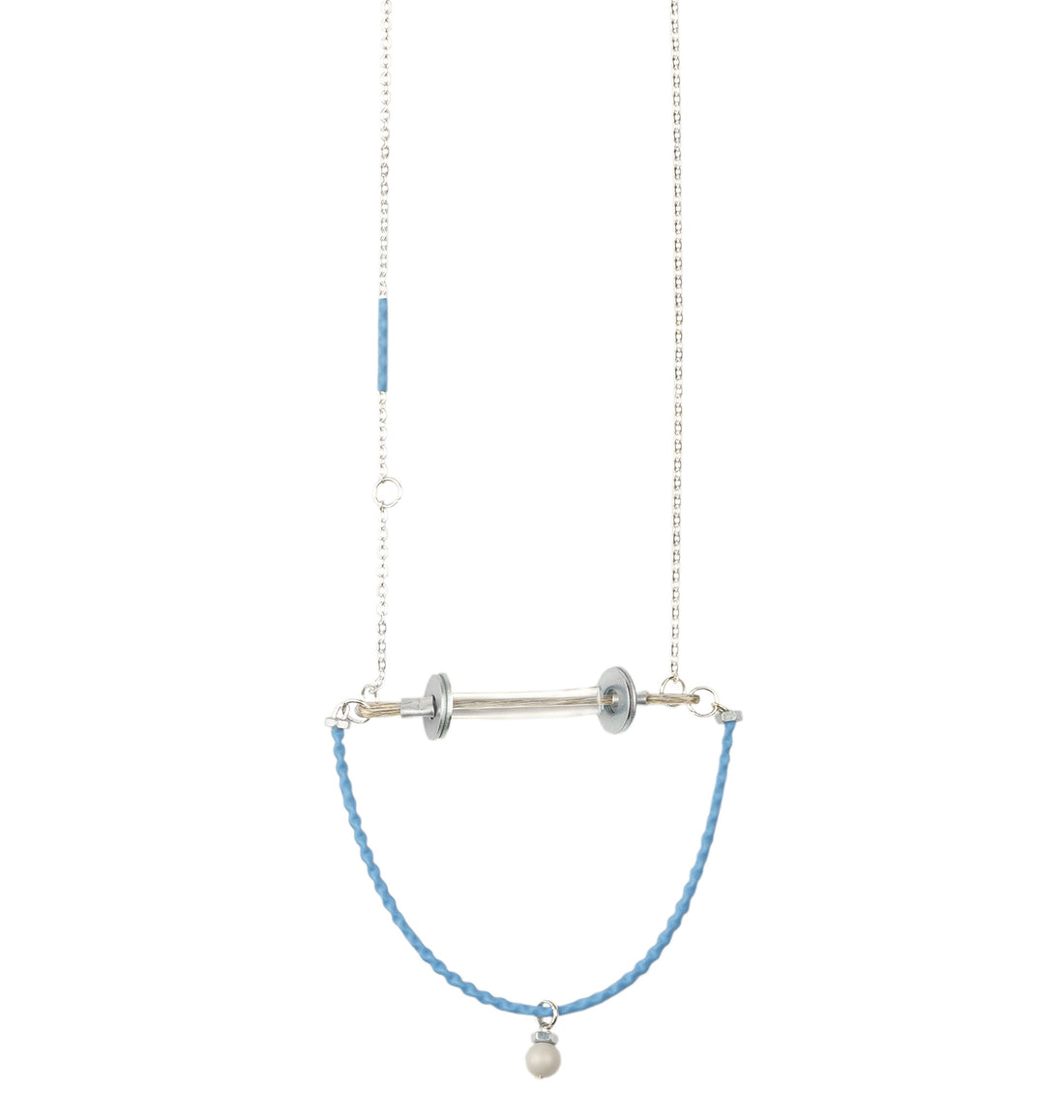 We craft the strongest base for all your experiences and keep them safely. These unique industrial design subversive jewellery piece consists of building materials such as screws, cable covered by blue plastic. The length of chain is about 70 cm. Decorated with light grey Swarovski pearl. Every Mellow by Melita Rus pendant has it&